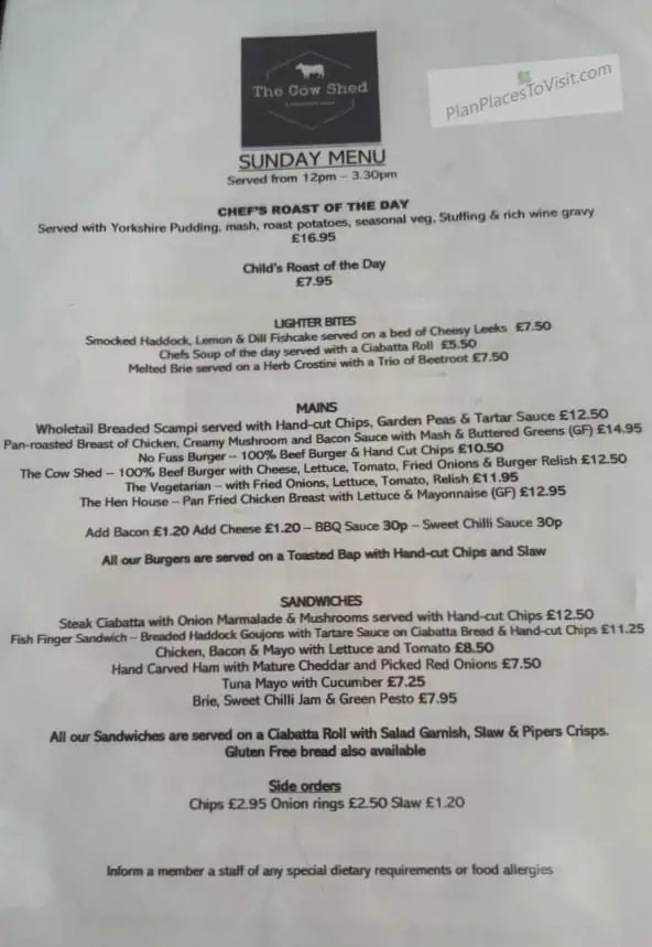 Sunday Lunch Menu at the Cow Shed Cafe Fraisthorpe