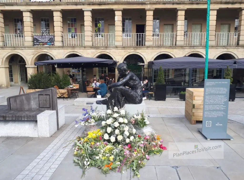 Anne Lister Birthday Flowers and Anne Lister Statue at the Piece Hall, Halifax