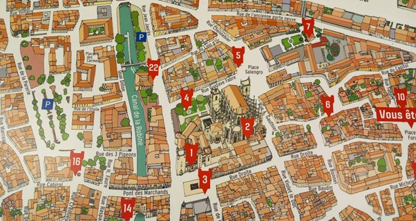 Place du Forum and Old City Street Map. Photo of sign taken in Place du Forum Narbonne France